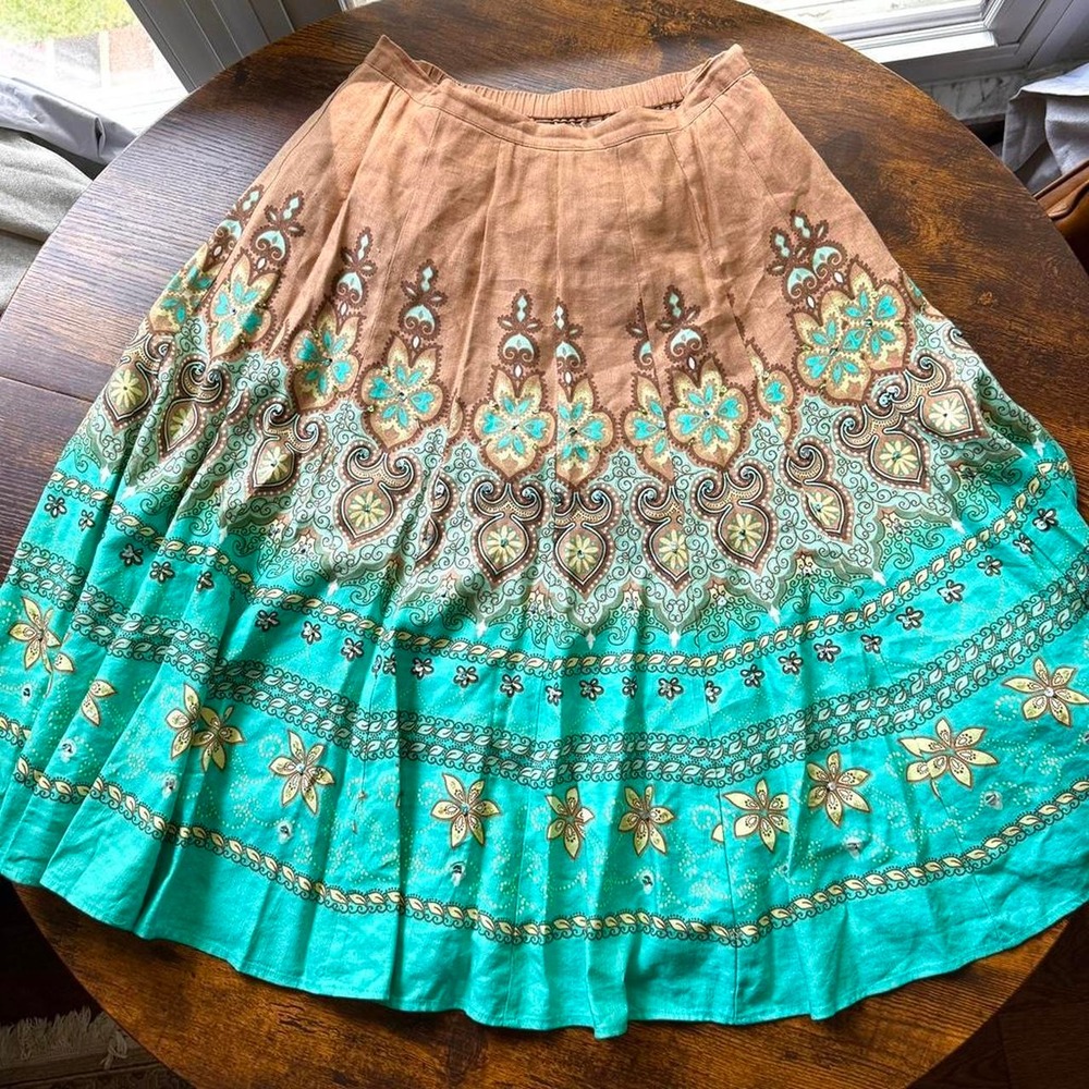 Coldwater Creek Women's skirt size PM boho paisley teal brown midi
